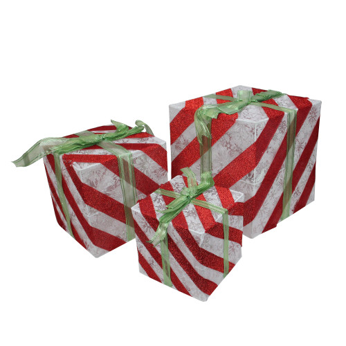 Set of 3 Lighted White and Red Striped Gift Box Outdoor Christmas Decorations - IMAGE 1