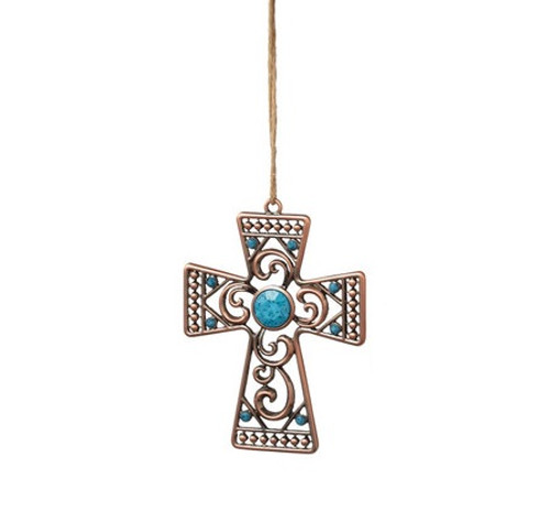 3.75" Bronze and Blue Tone Cross Christmas Ornament with Faceted Stones - IMAGE 1