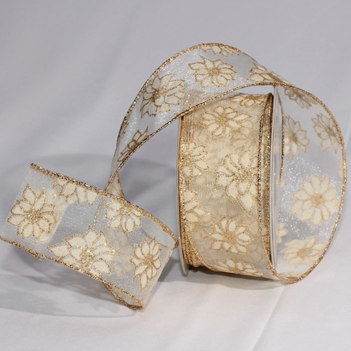 Sheer Gold and White Little Poinsettia Wired Craft Ribbon 2" x 40 Yards - IMAGE 1