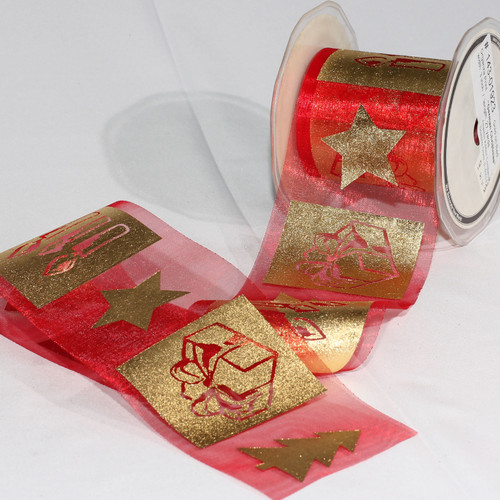 Red and Gold Colored German Christmas Print Organza Craft Ribbon 3" x 27 Yards - IMAGE 1