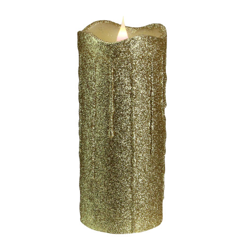 7" Battery operated Gold Glittered Flameless LED Christmas Pillar Candle with Moving Flame - IMAGE 1