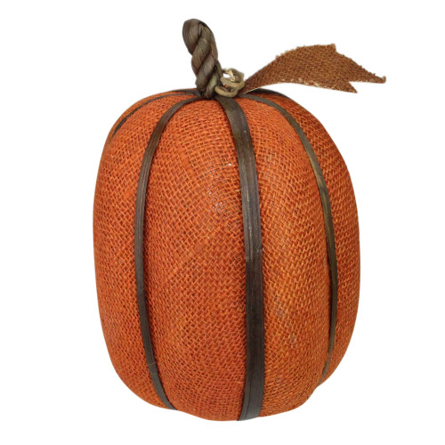 12" Burnt Orange Burlap Pumpkin with Bamboo Thanksgiving Table Decoration - IMAGE 1
