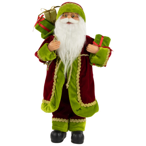 16" Burgundy and Bright Green Santa Claus with Gifts Christmas Figure - IMAGE 1