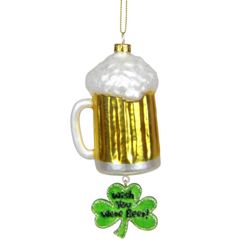 5.5" Gold and White "Wish You Were Beer!" Glass Christmas Ornament - IMAGE 1