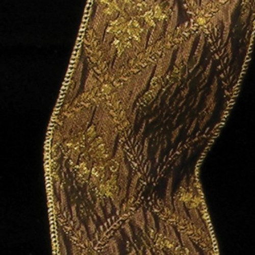 Brown and Gold Embroidered Damask Wired Craft Ribbon 3" x 20 Yards - IMAGE 1