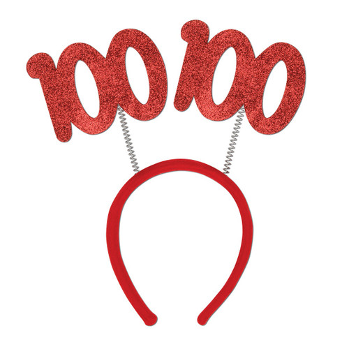 Club Pack of 12 Red "100" Glittered Bopper Headband Birthday Party Favors - IMAGE 1