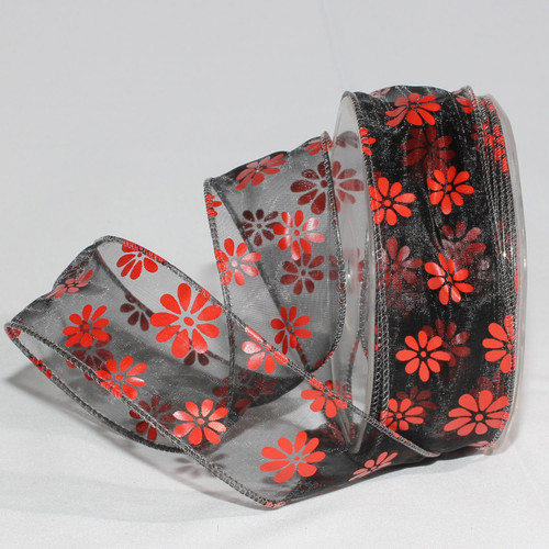 Black and Red Retro Daisies Organza Wired Craft Ribbon 1.5" x 27 Yards - IMAGE 1