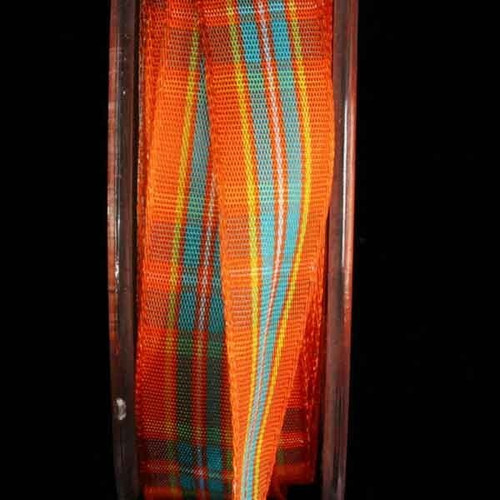 Orange and Blue Woven Narrow Plaid Wired Craft Ribbon 0.5" x 44 Yards - IMAGE 1