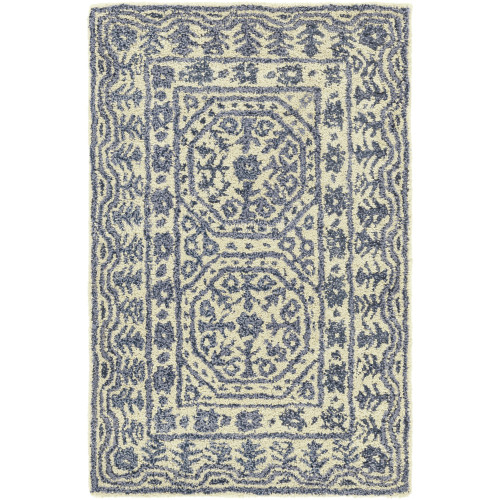 2' x 3' Floral Blue and Beige Hand Tufted Rectangular New Zealand Wool Area Throw Rug - IMAGE 1