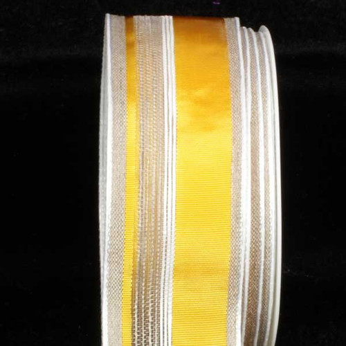 Yellow and White Striped French Wired Craft Ribbon 1.5" x 22 Yards - IMAGE 1