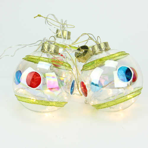 LED Lighted Stripes and Dots Glass Christmas Ball Ornaments - 3.25" (80mm) - Clear - 4ct - IMAGE 1