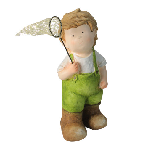 18.25" Green and White Young Boy Gnome with Butterfly Net Spring Outdoor Garden Figure - IMAGE 1