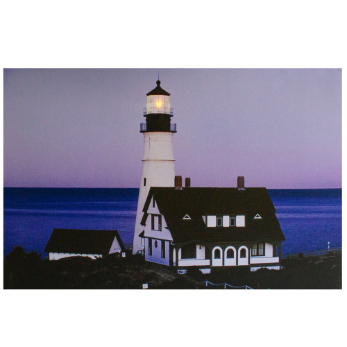 LED Lighted Dusk Lighthouse Seaside Scene Canvas Wall Art 15.75" x 23.75" - IMAGE 1