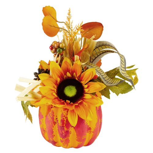 12" Autumn Harvest Orange and Yellow Floral Pumpkin Decoration - IMAGE 1