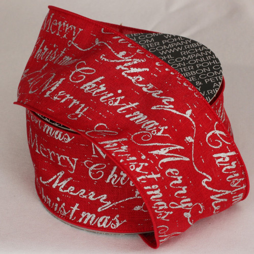 Red and Silver Merry Christmas Scripted Wired Ribbon 3" x 20 yards - IMAGE 1