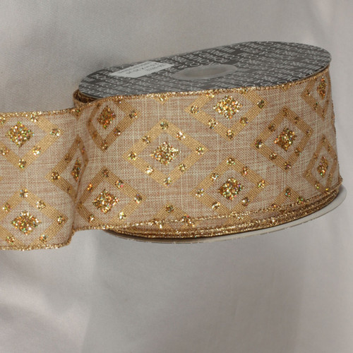 Gold Glittered Diamond Motif Wired Craft Ribbon 2.5" x 20 Yards - IMAGE 1