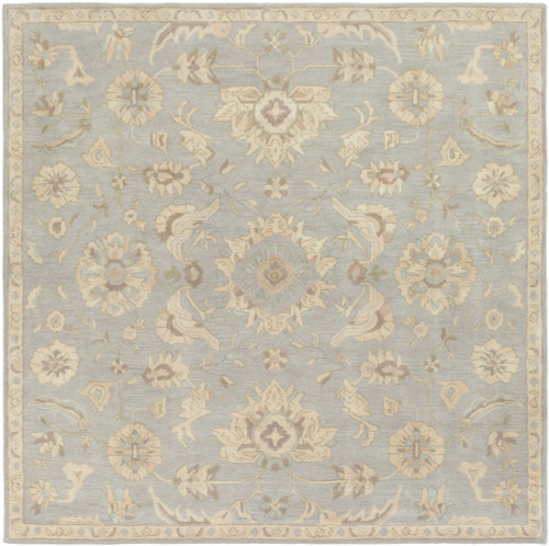 4' x 4' Elegant Leaves Slate Gray and Tan Brown Square Wool Area Throw Rug - IMAGE 1