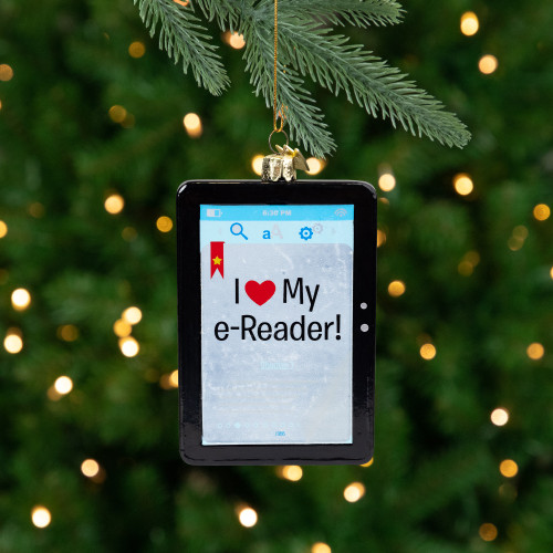 I Love My e-Reader Glass Christmas Ornament - 4" - Black and White - IMAGE 1