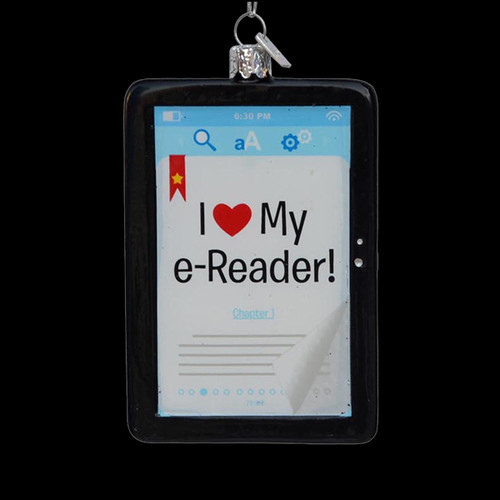 4.25" Blue and White "I Love My e-Reader!" Glass Christmas Ornament - IMAGE 1