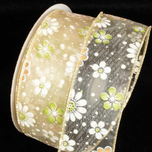 Sheer Ivory White And Yellow Gerbera Daisy Print Wired Craft Ribbon 1.5" x 40 Yards - IMAGE 1