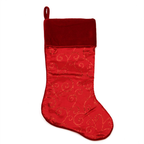 20" Red Glittered Swirl Christmas Stocking with Shadow Velveteen Cuff - IMAGE 1