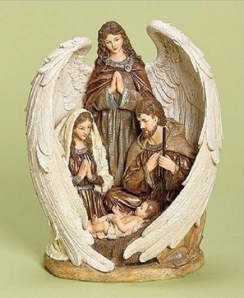 12.5" Brown and White Inspirational Holy Family with Angel Christmas Nativity Figurine - IMAGE 1