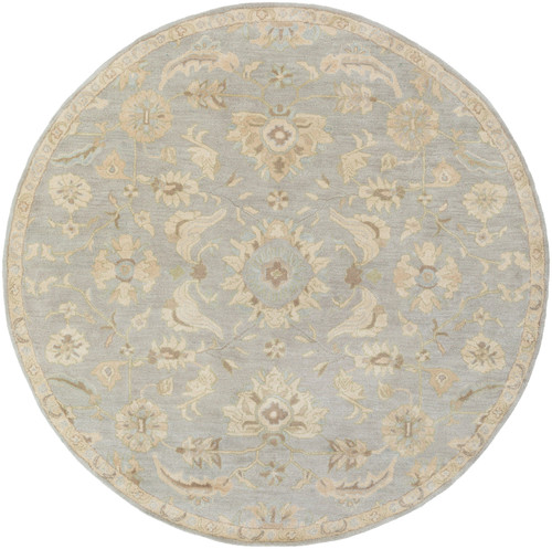 8' Floral Gray and Tan Brown Hand Tufted Round Wool Area Throw Rug - IMAGE 1