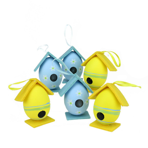 Set of 6 Yellow and Blue Floral Easter Egg Birdhouse Ornaments 3' - IMAGE 1