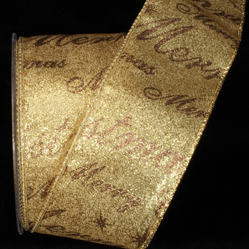 Gold Merry Christmas Wired Craft Ribbon 2.5" x 20 Yards - IMAGE 1