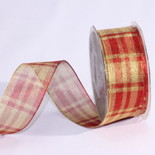 Red and Gold Metallic Tartan Wired Craft Ribbon 1.5" x 50 yards - IMAGE 1