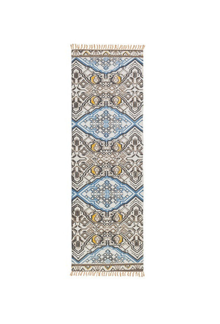 2.5' x 8' Contemporary Blue and Brown Hand Woven Fringe Detail Rectangular Area Throw Rug Runner - IMAGE 1