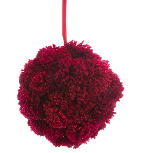 Burgundy Red Plush Glittered Pom Pom Christmas Ball Ornament 6" (152.4 mm) - IMAGE 1