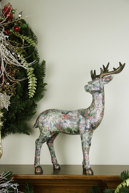 19" Victorian Holly Berry Decoupage Stag Deer Reindeer with Turned Head Table Top Decoration - IMAGE 1