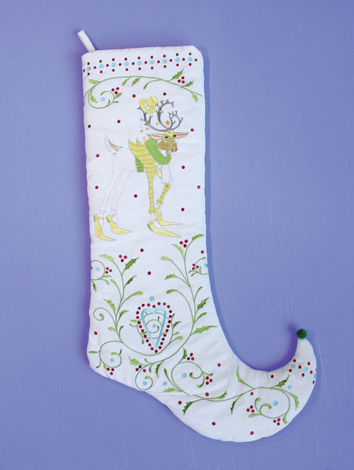 28" White and Green Prancer Embroidered Christmas Stocking - IMAGE 1