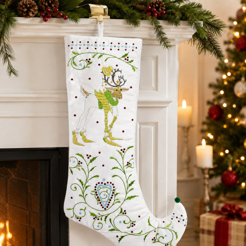 28" White and Green Prancer Embroidered Christmas Stocking - IMAGE 1