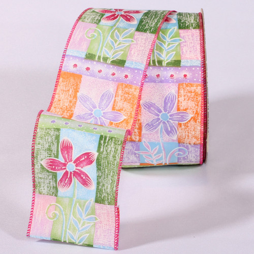 Purple and Green Floral Print Wired Craft Ribbon 2.5" x 40 Yards - IMAGE 1