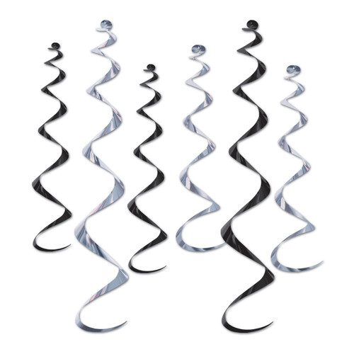 Club Pack of 36 Black and Silver Twirl Whirly Hanging Decorations 36" - IMAGE 1