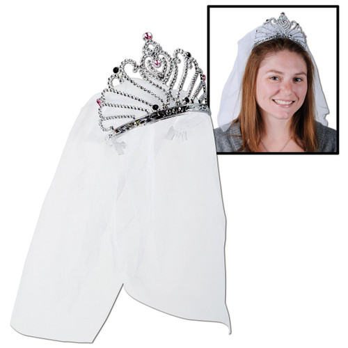 Club Pack of 12 White and Silver Bride To Be Tiaras with Veil - IMAGE 1