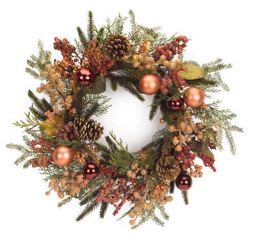 24" Red and Bronze Berry Pine Cone and Ball Ornament Artificial Christmas Wreath - Unlit - IMAGE 1