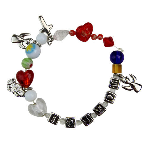 7.5" Red and Gray 'I Love Mom' Glass Beaded Bracelet - IMAGE 1