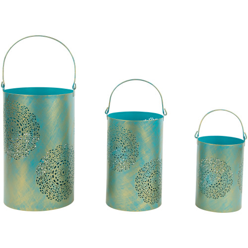 Set of 3 Turquoise and Gold Floral Laser-Cut Pillar Candle Lanterns - IMAGE 1