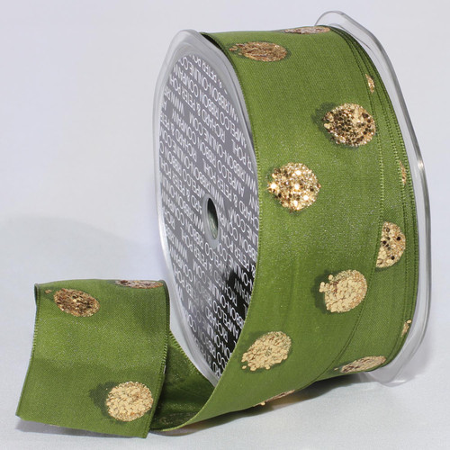 Sage Green and Gold Polka Dot Wired Craft Ribbon 1.5" x 27 Yards - IMAGE 1