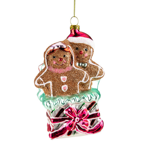 4.5" Glittered Gingerbread Couple in Gift Box Glass Christmas Ornament - IMAGE 1