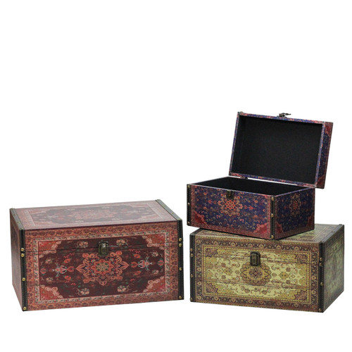 Set of 3 Oriental-Style Red, Brown and Cream Earth Tones Decorative Wooden Storage Boxes 17.25" - IMAGE 1