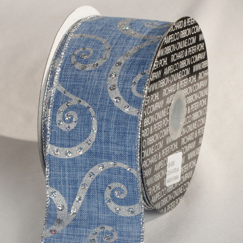 Silver and Blue Swirl Motif Wired Craft Ribbon 2.5" x 20 Yards - IMAGE 1