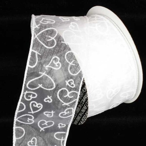 White Flocked Heart Wired Craft Ribbon 2.5" x 40 Yards - IMAGE 1