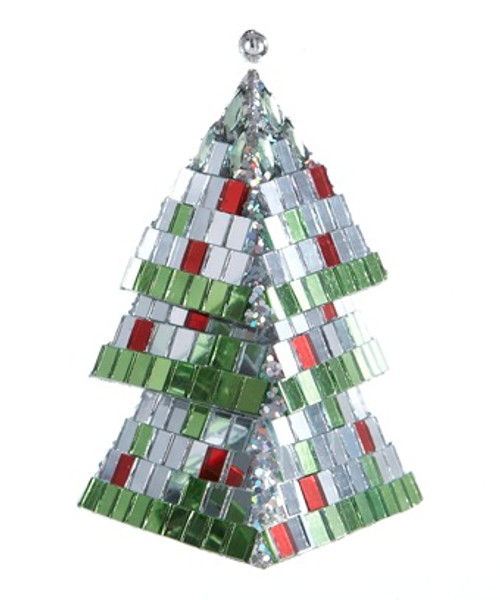 5" Silver and Green Mirrored Mosaic Triangular Tiered Christmas Tree Ornament - IMAGE 1
