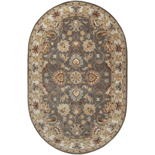6' x 9' Floral Taupe Brown and Gray Hand Tufted Oval Wool Area Throw Rug - IMAGE 1