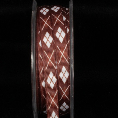Brown and White Argyle Wired Craft Ribbon 0.25" x 27 Yards - IMAGE 1