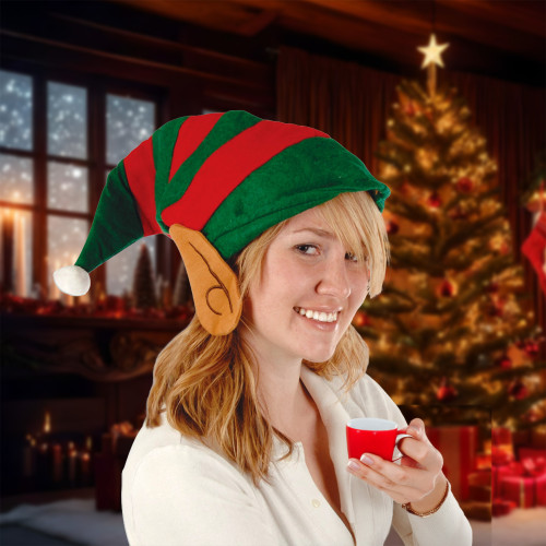 Club Pack of 12 Red and Green Striped Felt Elf Hat with Ears - Adult Sized - IMAGE 1